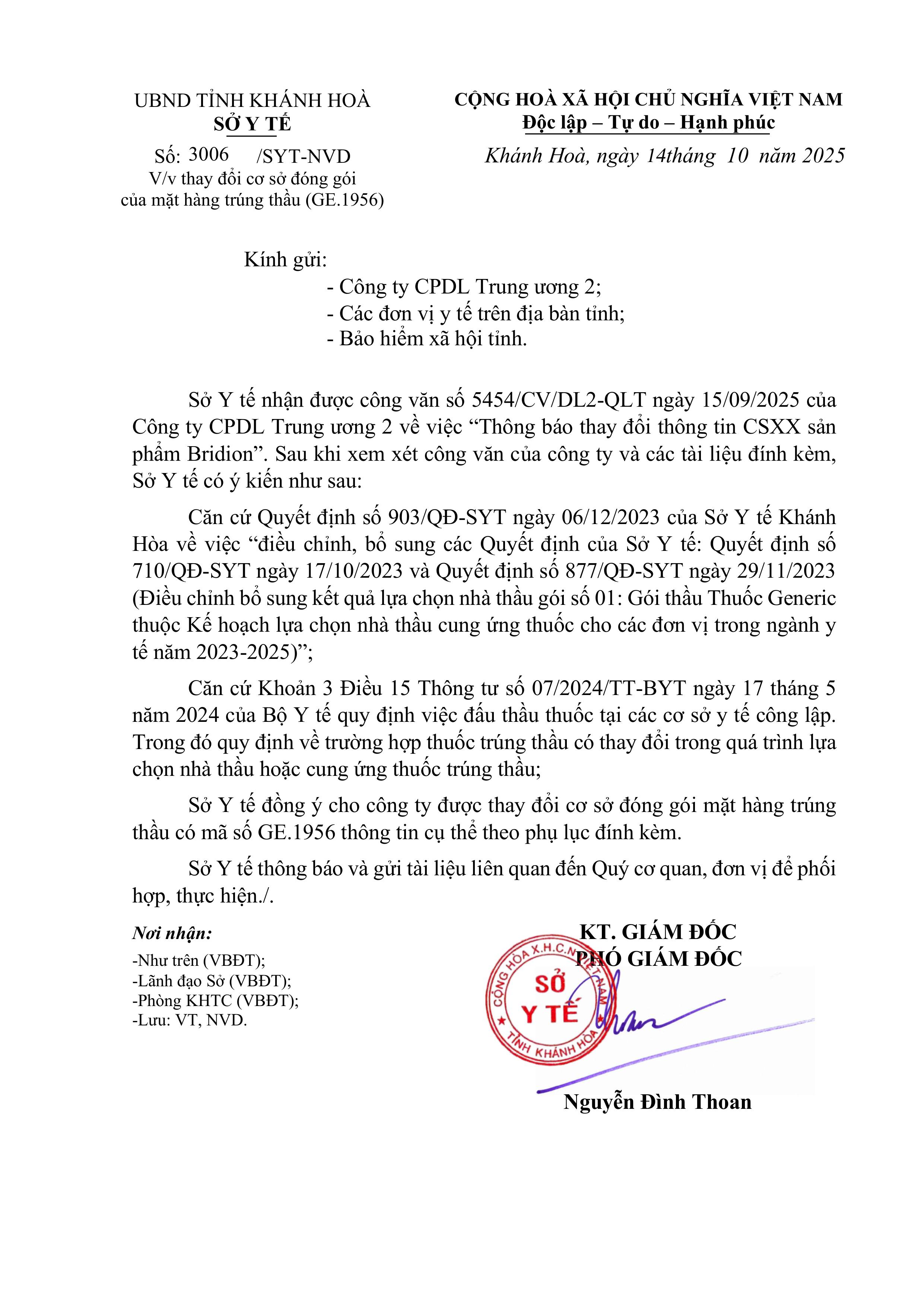 V/v thay đổi cơ sở đóng gói của mặt hàng trúng thầu (GE.1956)
